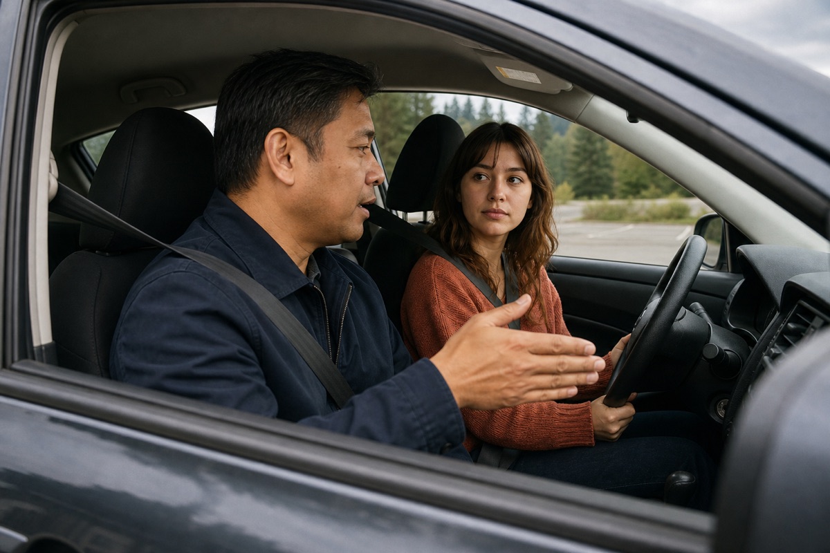 A male driving instructor coaches a female student from the passenger seat